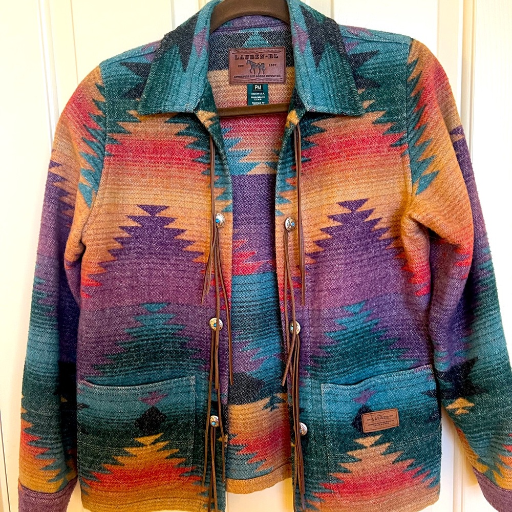 Lauren Ralph Lauren VTG Jacket Women PM Western Aztec Wool Blanket Concho Tassel
